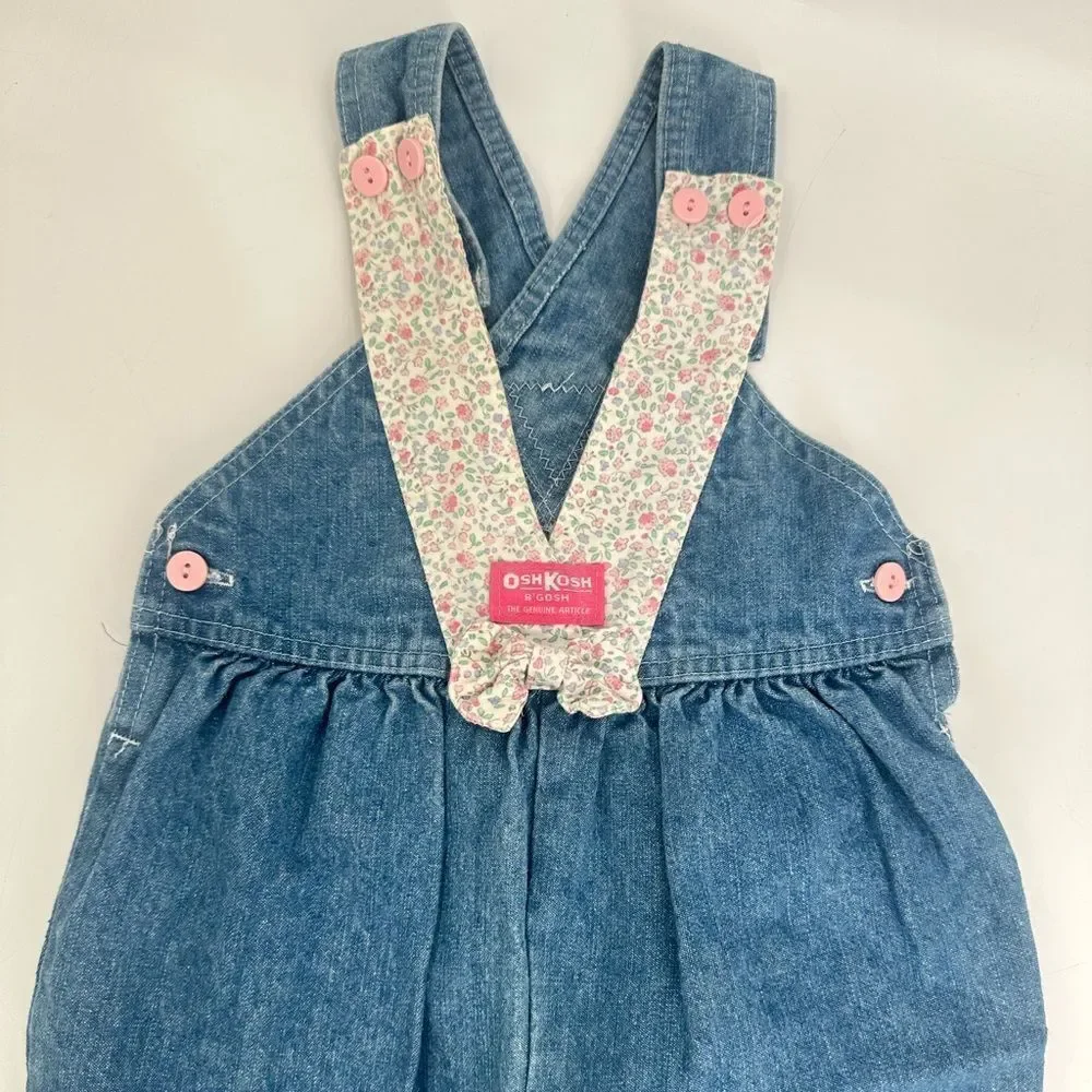 Vintage 90’s Oshkosh B Gosh Vestbak Girls Denim Pink Floral Bibs Overalls Sz 4T